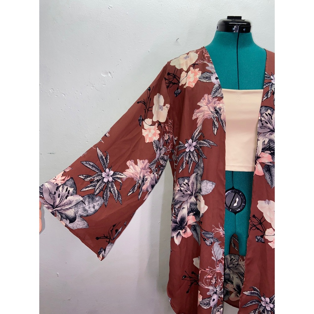 Boho Floral Kimono Cardigan Rust Brown Open Front Lightweight Chris & Carol M